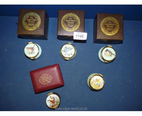 Five enamel trinket pots decorated with birds and flowers (four boxed).