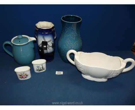 A box of china including two Royal Worcester toothpick holders, Royal Winton Grimwades blue vase, Denby Coffee pot etc.