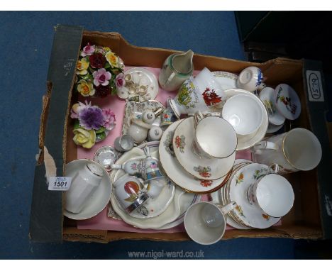 A quantity of china including; Welsh Commemorative cups &amp; saucers, Poole plates, Aynsley posy, miniature tea set, bells, 