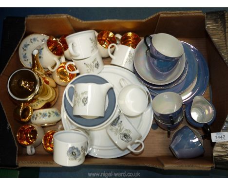 Three part tea sets including; Wedgwood Susie Cooper 'Glen Mist', Prinknash, Royal Worcester gilt coloured teapot, plus anoth