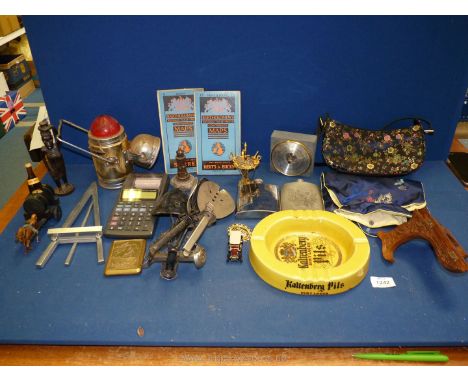A quantity of miscellanea including; Pifco lamp, two Bartholomew's contoured maps 'Herts &amp; Buckenshire' and 'Surrey', met