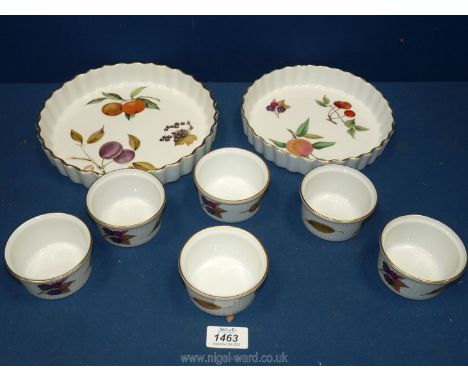 Two Royal Worcester Evesham gold flan dishes; one 9", the other 7 1/2" and 6 ramekin dishes.