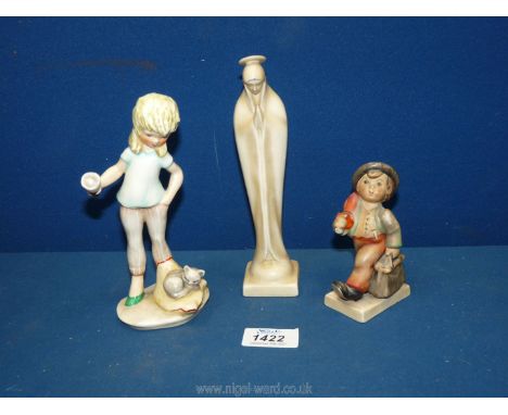 A Hummel figure of a boy holding an umbrella a/f., Goebel figure of girl and Hummel figurine of The Virgin Mary.