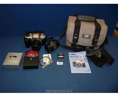 A Canon EOS 50E 35mm Camera with 50mm lens, instruction manual, 28-80mm zoom lens, close-up lens set in a Tuf bag.