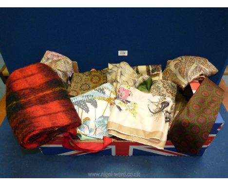 A box of gentleman's ties, cravats, silk scarves to include; Jacqmar, Richard Allen, Anglers Companion scarf, etc.