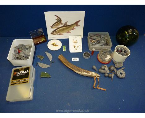 A small quantity of fishing items to include; lead fishing weights, fish hooks, fishing float, Scottish ceramic coaster, antl