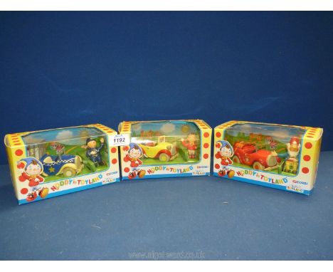 Three Diecast Corgi cars of  Noddy in Toyland including Noddy, PC Plod and Big Ears, all in their boxes.