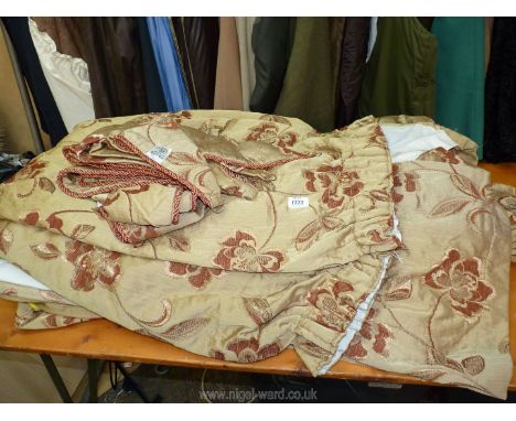 Four pairs of heavy curtains in gold with brown floral pattern by Dreams &amp; Drapes, plus two odd curtains. 46" x 76", 46" 