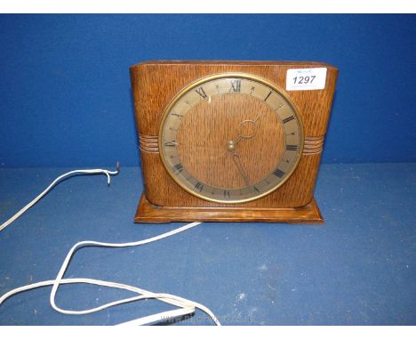 A wooden Smiths Sectric square shape mantle clock with Roman numerals, 8" tall x 9" wide.