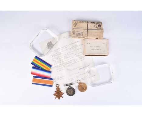 A First World War Killed in Action medal trio to "17335 PTE. J.F. WILSON NOTTS &amp; DERBY R."1914-15 Star, 1914-18 War Medal