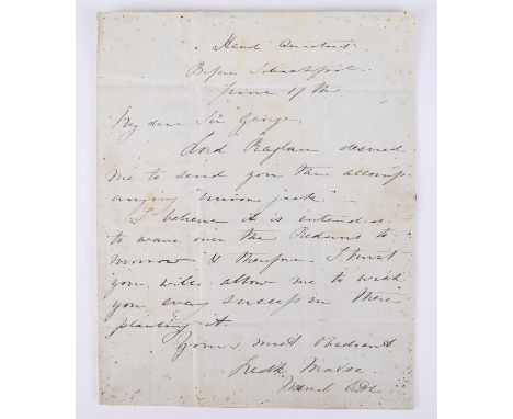 CRIMEAN WAR. Frederick Maxse (1833–1900), British Admiral Autograph letter signed, one page, 4to, dated Headquarters before S