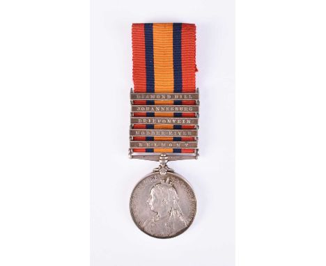 LOCAL INTEREST - A Boer War Casualty Queen's South Africa medal with 5 clasps to 454 Private James Fox, 1st Scots Guards. Dia