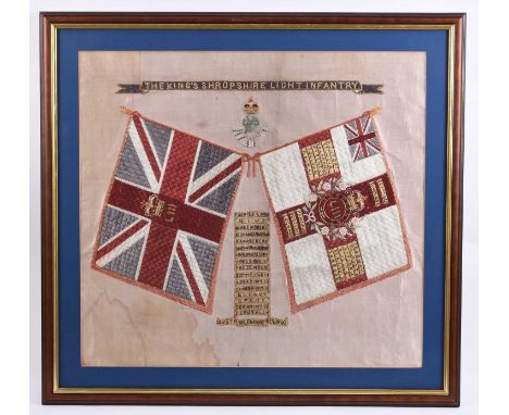 A 1st Battalion King's Shropshire Light Infantry (KSLI) silk and bullion wire embroidery, circa 1919, embroidered with the re