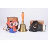 WW2 Child's Mickey Mouse respirator, civilian adult gas mask, ARP handbell