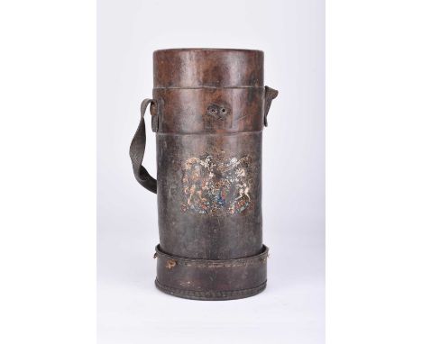 A First World War era leather-clad Naval powder monkey, decorated with Royal Coat of Arms (worn), with handle, 36.5cm high