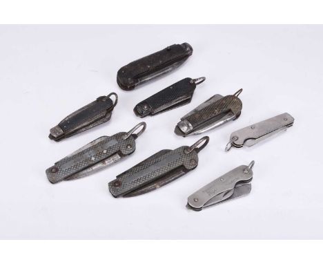 Eight WW2 and later British Army and Royal Navy pocket / jacket pen knives, including two 'Oil The Joints' knives dated 1945 