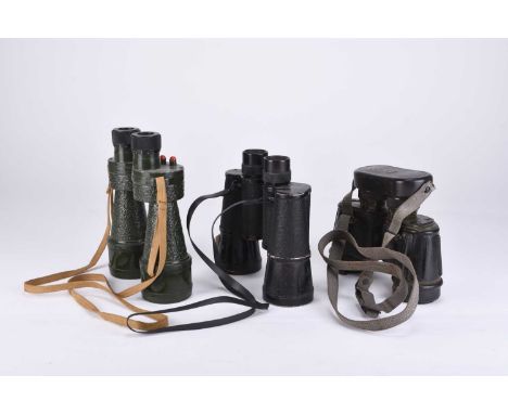 Three pairs of Military binoculars:British Bino Prism No. 5 MkIV binoculars; WW2 German Dienstglas 7x50 binoculars, marked BM