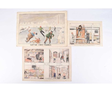 PRISONER OF WAR ART - Percy P. Wood (British b.1877) Three humorous pen and watercolour drawings created at the Ruhleben inte