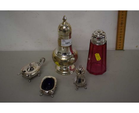 Mixed Lot: Cranberry glass sugar sifter, silver plated three piece cruet and a further silver plated sugar sifter