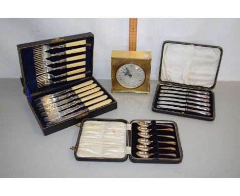 Mixed Lot: Various cased cutlery and a small mantel clock