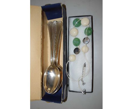 Mixed Lot: Modern costume jewellery, small silver sports fobs and silver plated tablespoons