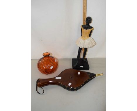 Mixed Lot: Resin model of a ballerina, an amber glass vase and a pair of fire bellows