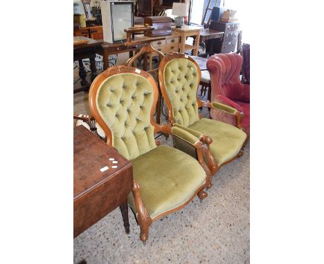 Pair of Victorian green upholstered button back armchairs