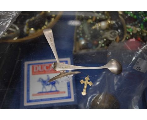 Mixed Lot: Small hollow 9ct crucifix together with a small silver babies food pusher and a mustard spoon