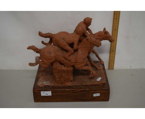 Terracotta Model of two racehorses set on a wooden plinth base