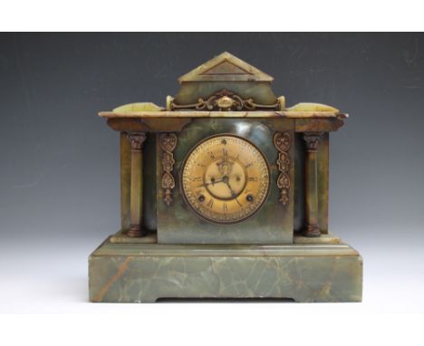 ANSONIA CLOCK CO USA MANTEL CLOCK, the alabaster case of architectural form, having gilt face with Roman numeral and eight da