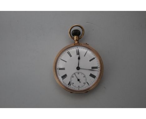 A OPEN FACED MANUAL WIND POCKET WATCH, outer case stamped 14K, having white enamel dial, Roman numeral hour markers, secondar