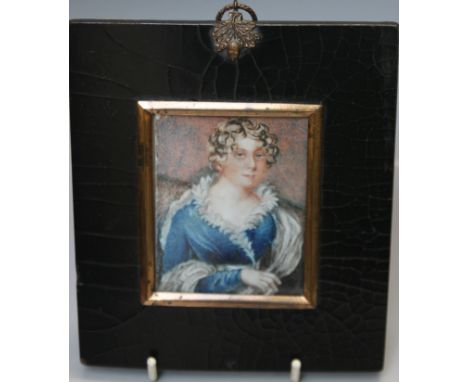 A LATE 19TH / EARLY 20TH CENTURY PORTRAIT MINIATURE STUDY OF A YOUNG LADY IN A BLUE DRESS, unsigned, framed and glazed, 8 x 6