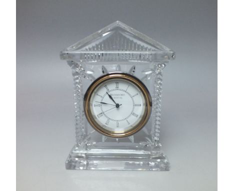A WATERFORD CRYSTAL CASED MANTEL CLOCK, the architectural case with quartz movement having white dial with Roman numerals, H 