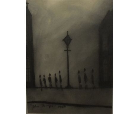 JOHN THOMPSON (1924-2011). Northern street scene with figures beside a lamp post, signed and dated 1966, pencil, framed and g