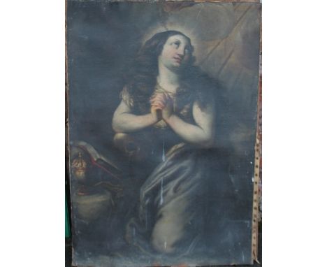 CONTINENTAL SCHOOL (XIX).  Portrait of a girl gazing upwards, oil on canvas, unframed, 123 x 86 cm A/F¦Condition Report:Canva
