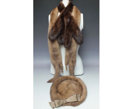 A VINTAGE DAWN MINK FUR HAT BY 'MITZI LORENZ' OF LONDON, together with a double pelt dawn mink fur stole and a vintage brown 