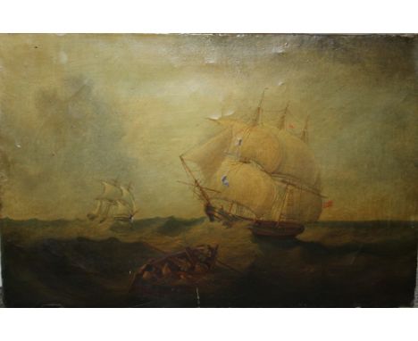 ENGLISH SCHOOL (XIX).  Stormy seascape, oil on canvas, unsigned, unframed, 30.5 x 45.5 cm S/D