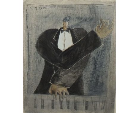 BRUCHETTI.  Twentieth century modernist study of a man playing piano, signed upper left, oil on board, framed and glazed, 18 