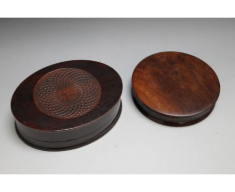 A 19TH CENTURY TYPE YEW CIRCULAR SNUFF BOX,  together with an oval mahogany engine turned box (2)