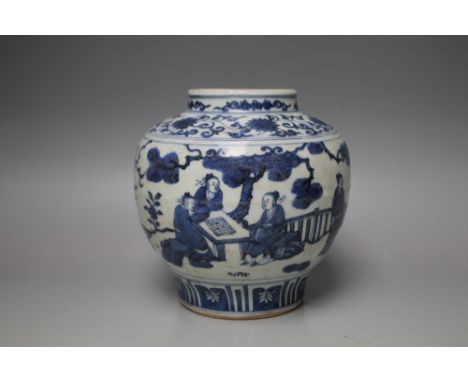 AN ORIENTAL BLUE AND WHITE VASE, having typical decoration of figures in a courtyard playing board games, six character mark 