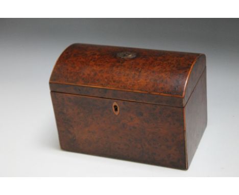 A GEORGE III TYPE BURR WALNUT DOME TOPPED TEA CADDY, W 19 cm