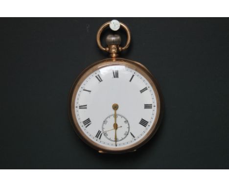 A HALLMARKED 9 CARAT GOLD MANUAL WIND OPEN FACED POCKET WATCH, having white enamel dial, Roman numeral hour markers, secondar