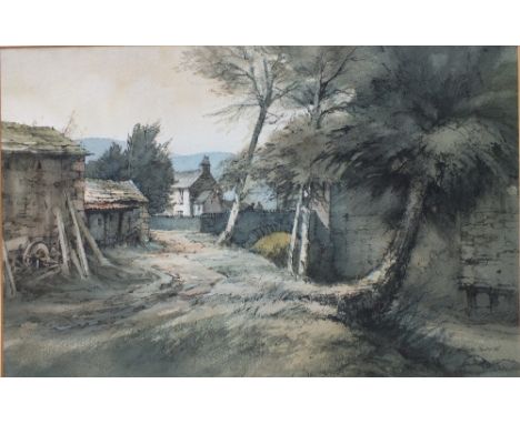GEORGE BUSBY (1926 - 2005).  Lakeland landscape with farmstead 'Lower Lorton, Cumbria', see label verso, watercolour and ink,
