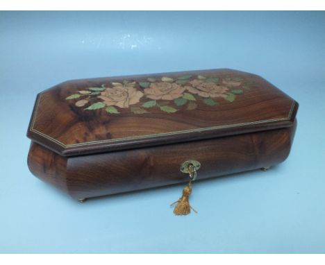 A 20TH CENTURY REUGE MUSICAL JEWELLERY BOX, by Reuge Music Sainte Croix Switzerland, hinged marquetry inlaid burr box contain