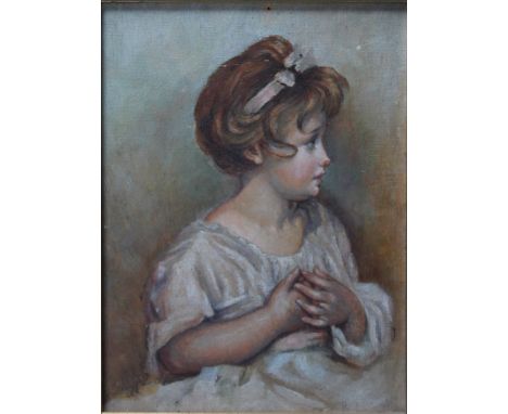 A 20TH CENTURY PORTRAIT STUDY OF A YOUNG GIRL WITH RIBBON IN HAIR, unsigned, oil on board, framed, 19 x 14 cm