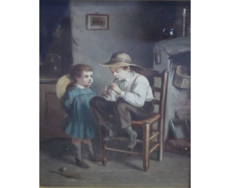 DAVID W. HADDON (act. 1884 - 1911).  An interior scene with two children - one playing the flute', signed lower left, oil on 