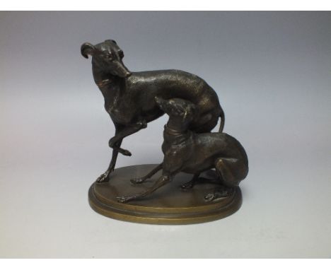 AFTER PIERRE JULES MENE - A 19TH CENTURY BRONZE OF TWO LURCHER TYPE DOGS, W 16 cm, H 15 cm