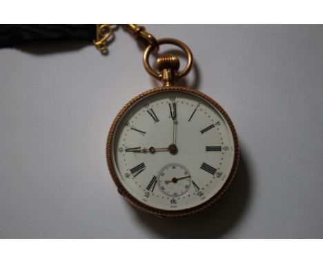 AN 18K GOLD OPEN FACED MANUAL WIND POCKET WATCH, having white enamelled dial, Roman numeral hour markers, secondary outer dot