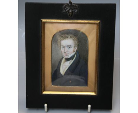 A GEORGIAN PORTRAIT MINIATURE STUDY OF A GENTLEMAN, unsigned, framed and glazed, 8 x 5 cm