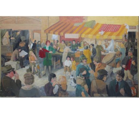 MODERN BRITISH SCHOOL, scene at Ludlow Market with numerous figures, oil on board, unsigned, unframed, 52 x 88 cm, together w